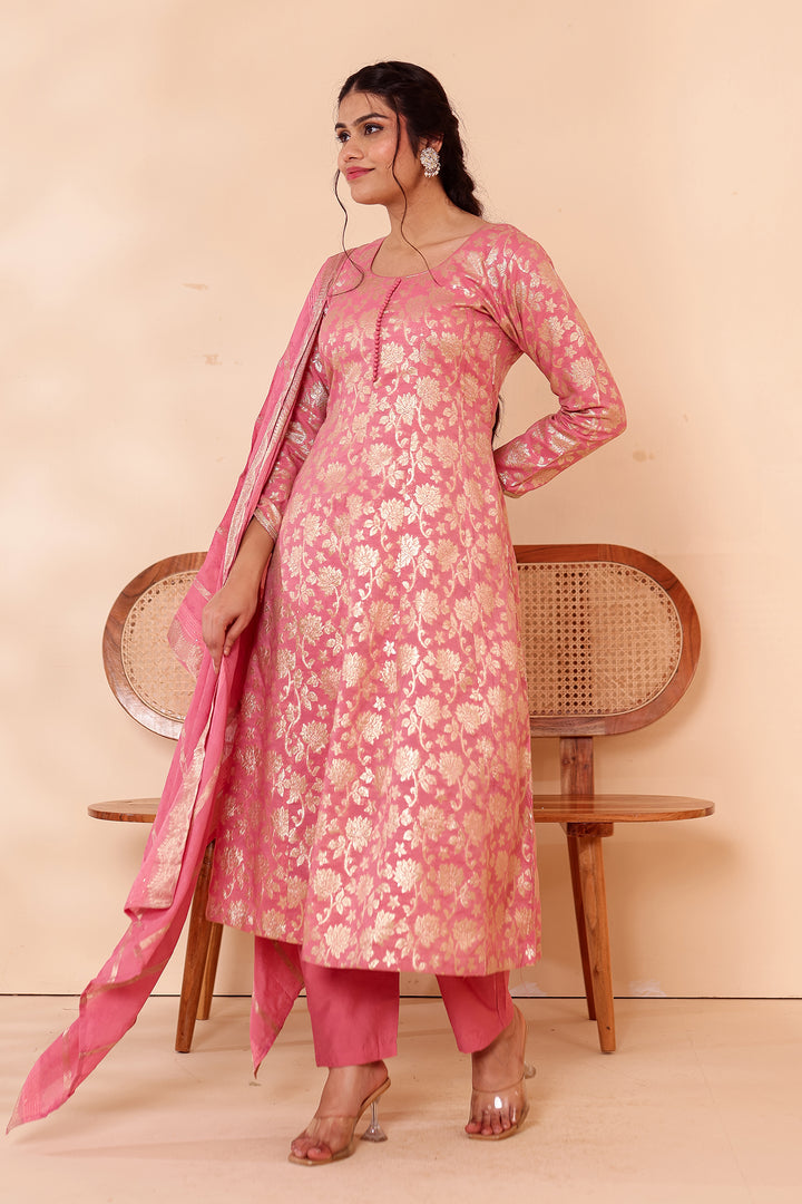 Pink Chanderi Jacquard Silk Kali Style Suit.