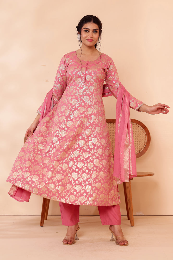 Pink Chanderi Jacquard Silk Kali Style Suit.