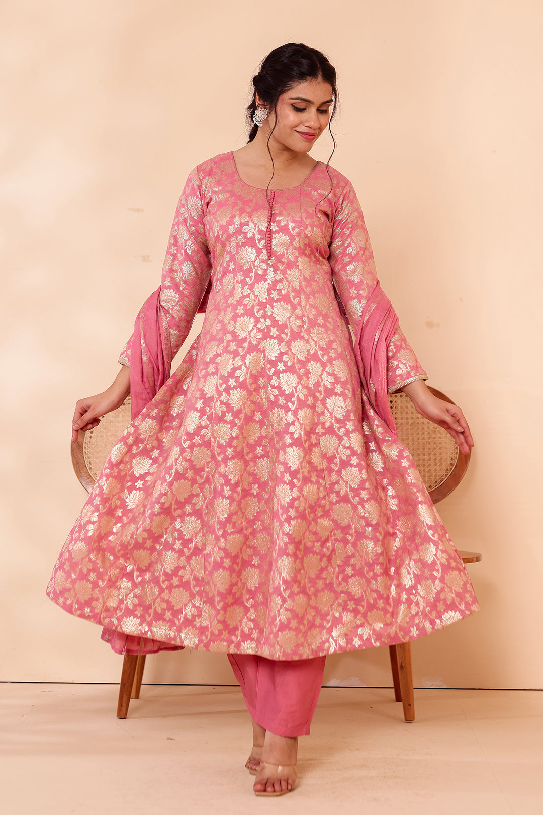 Pink Chanderi Jacquard Silk Kali Style Suit.
