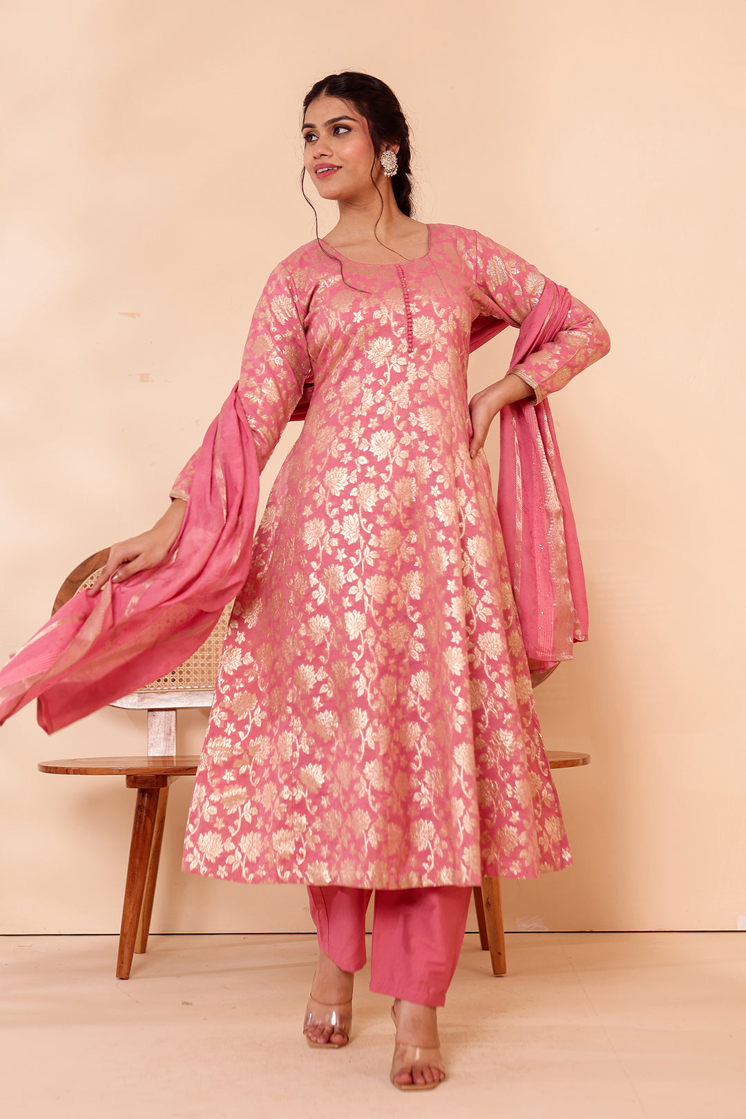 Pink Chanderi Jacquard Silk Kali Style Suit.