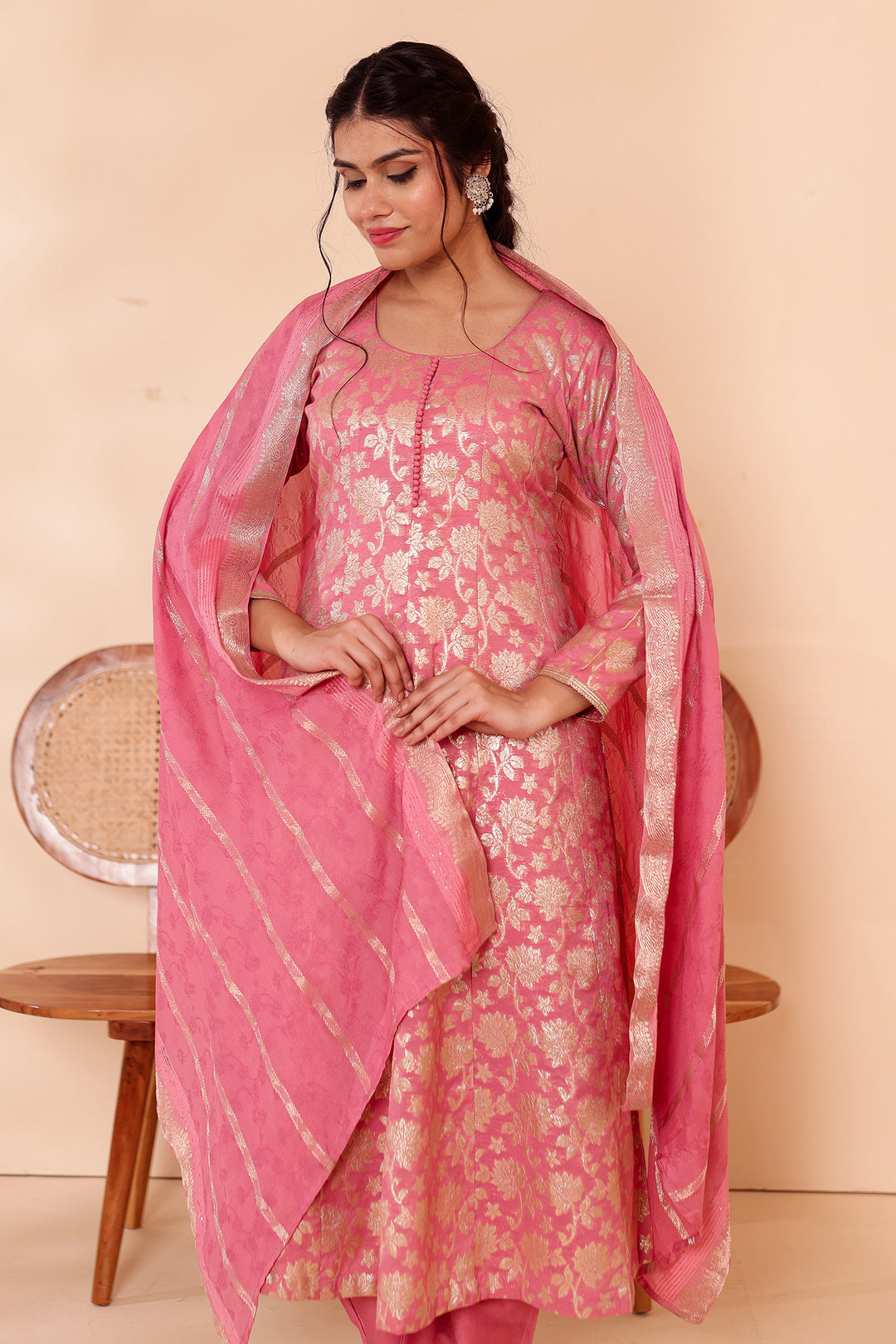 Pink Chanderi Jacquard Silk Kali Style Suit.