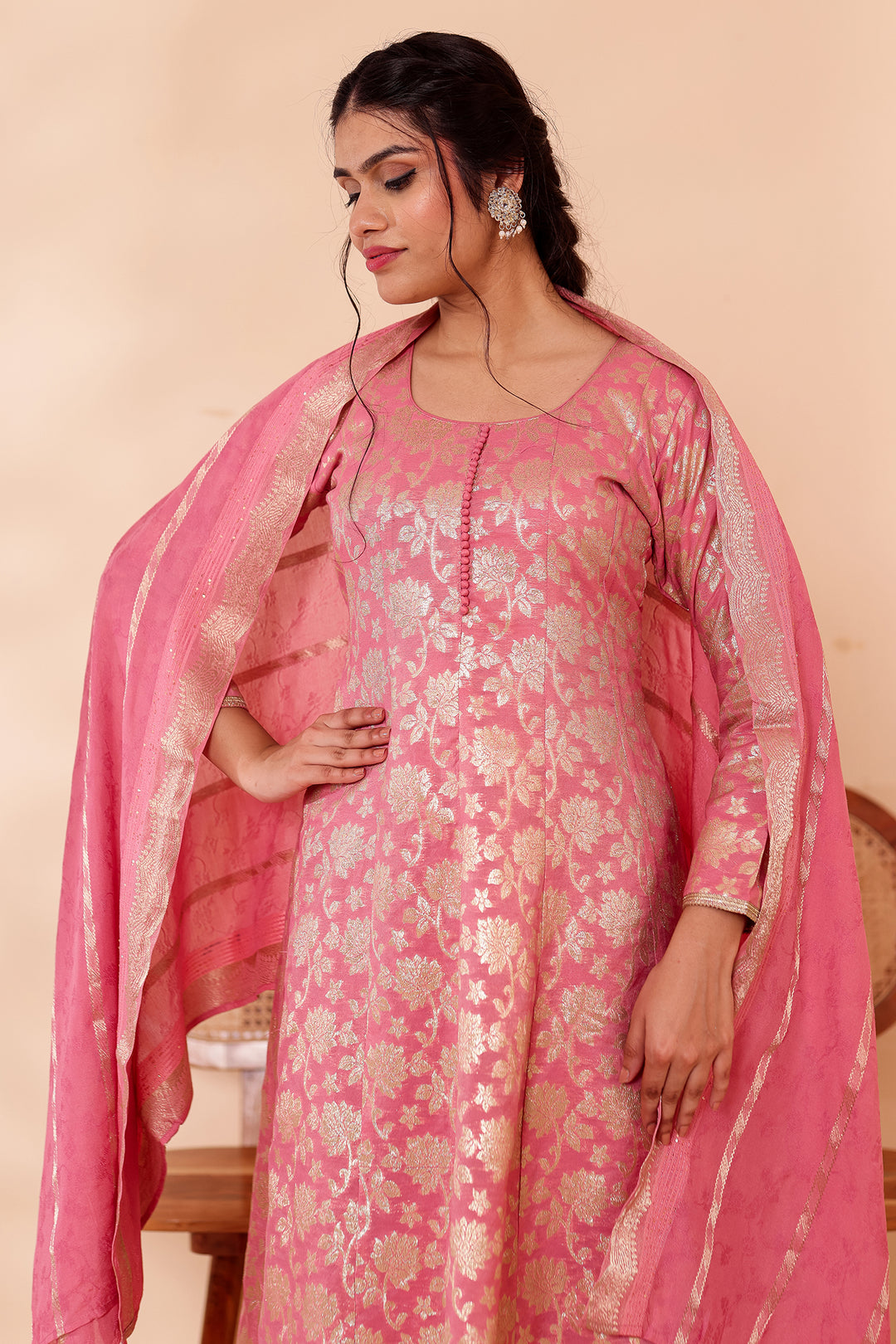 Pink Chanderi Jacquard Silk Kali Style Suit.