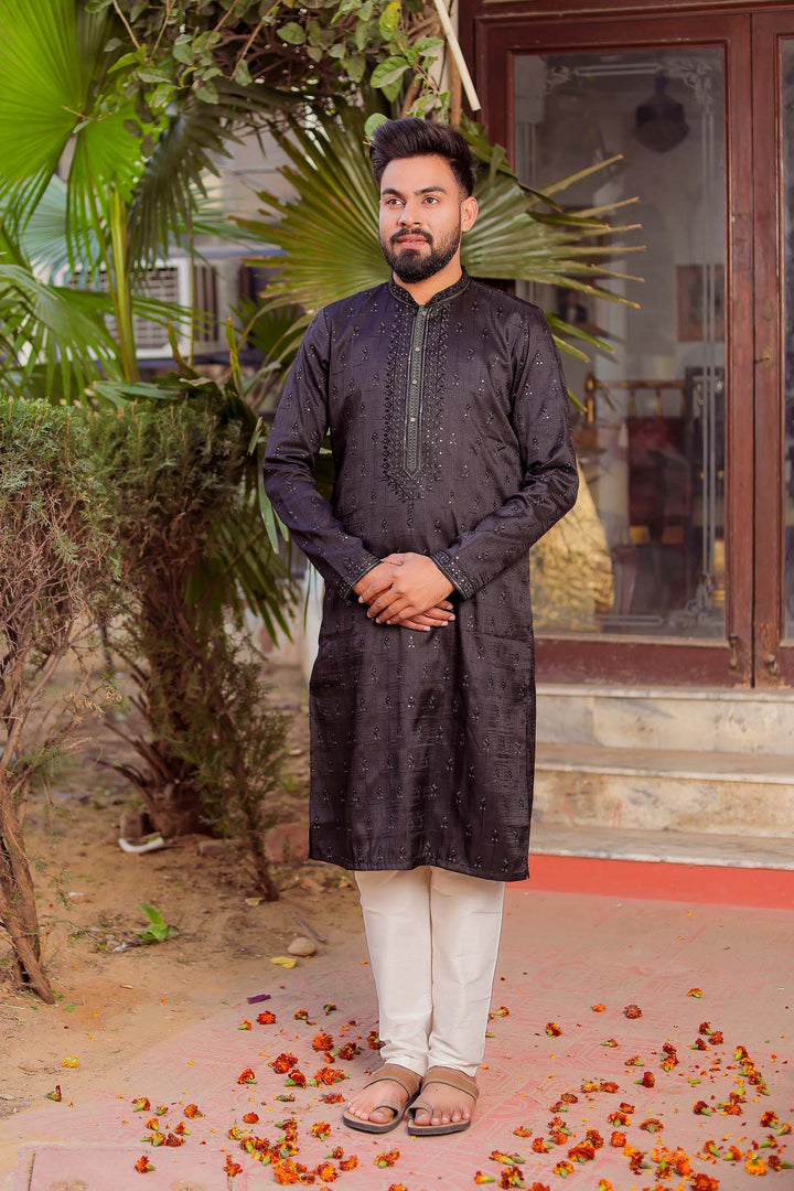 Black Raw Silk Kurta Suit With Resham Thread And Sequin Embroidery.