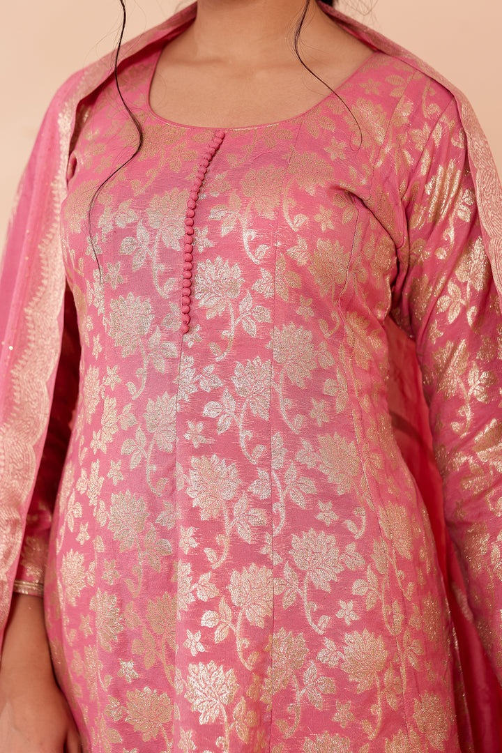 Pink Chanderi Jacquard Silk Kali Style Suit.