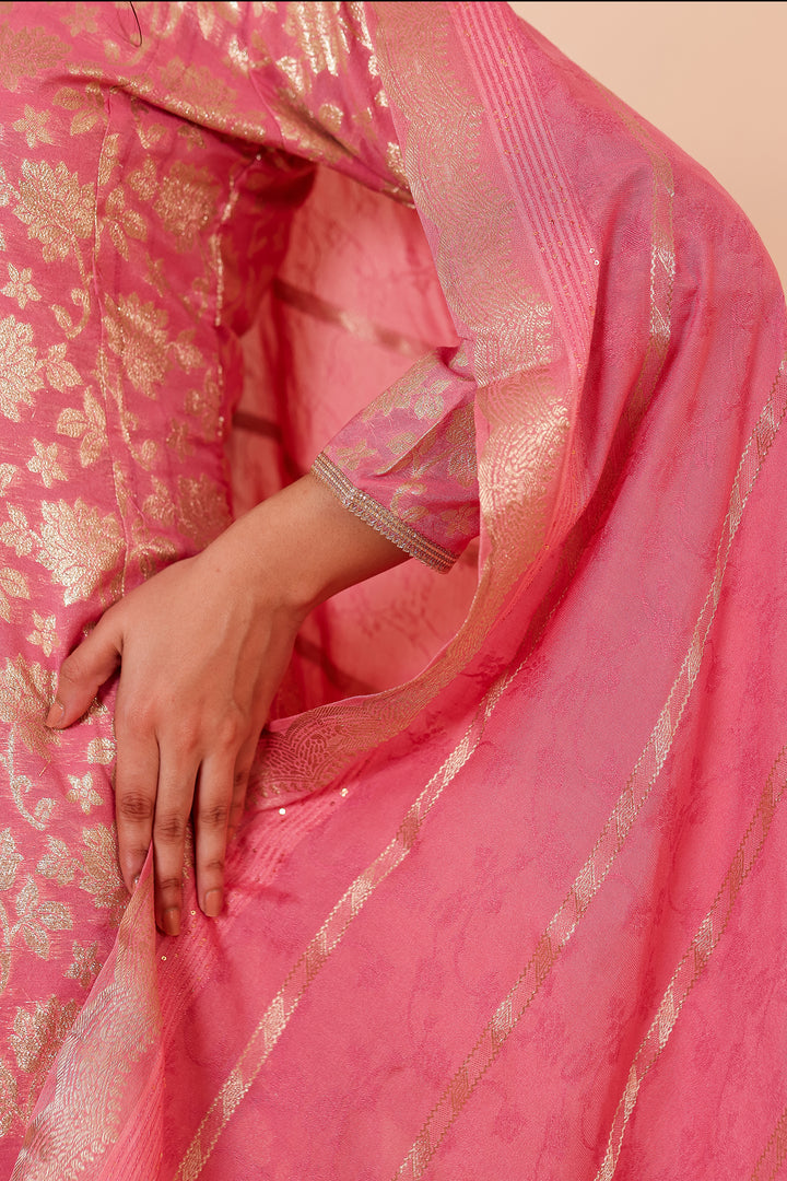 Pink Chanderi Jacquard Silk Kali Style Suit.