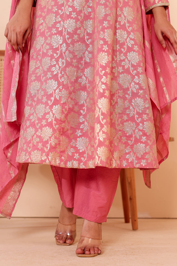 Pink Chanderi Jacquard Silk Kali Style Suit.