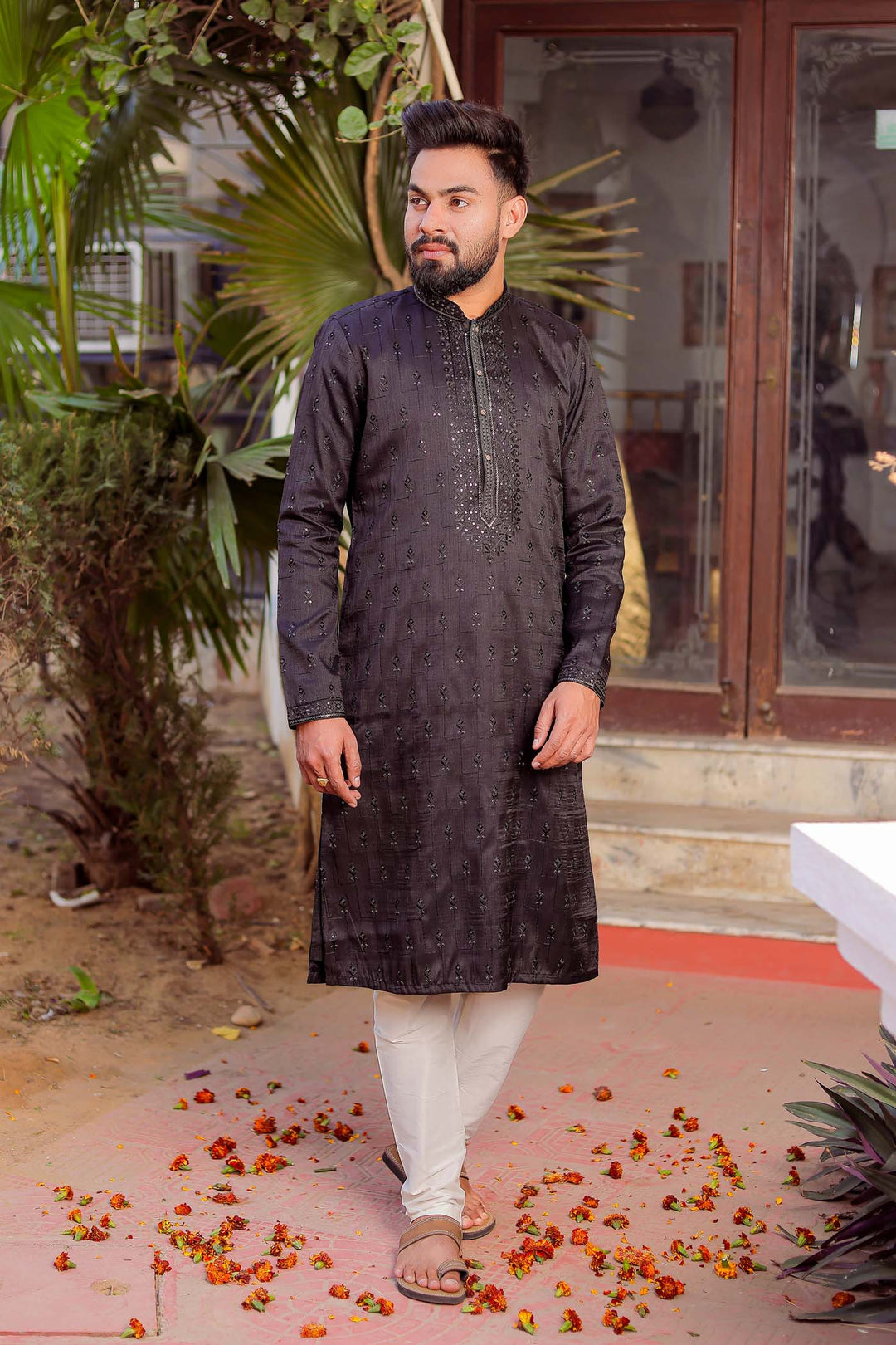 Black Raw Silk Kurta Suit With Resham Thread And Sequin Embroidery.