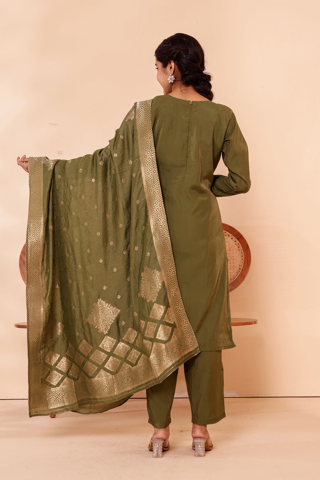 Mehndi Green Soft Shimmer Silk Straight Cut Kurta Set.
