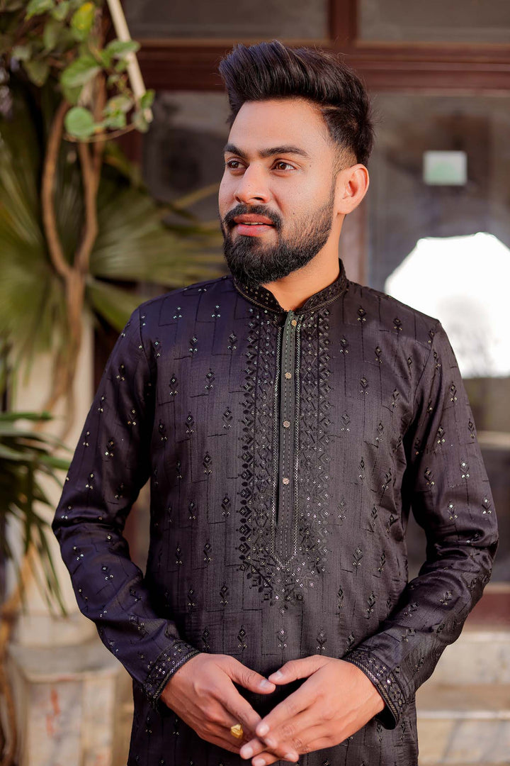 Black Raw Silk Kurta Suit With Resham Thread And Sequin Embroidery.