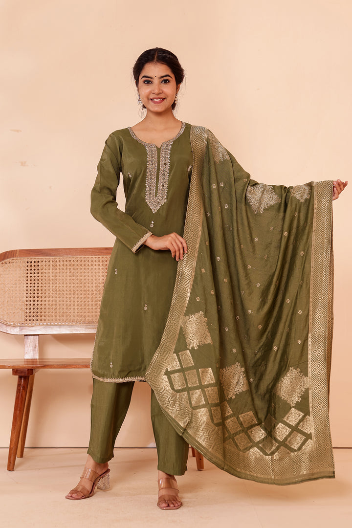 Mehndi Green Soft Shimmer Silk Straight Cut Kurta Set.