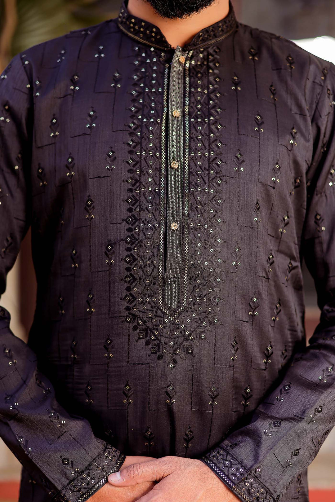 Black Raw Silk Kurta Suit With Resham Thread And Sequin Embroidery.
