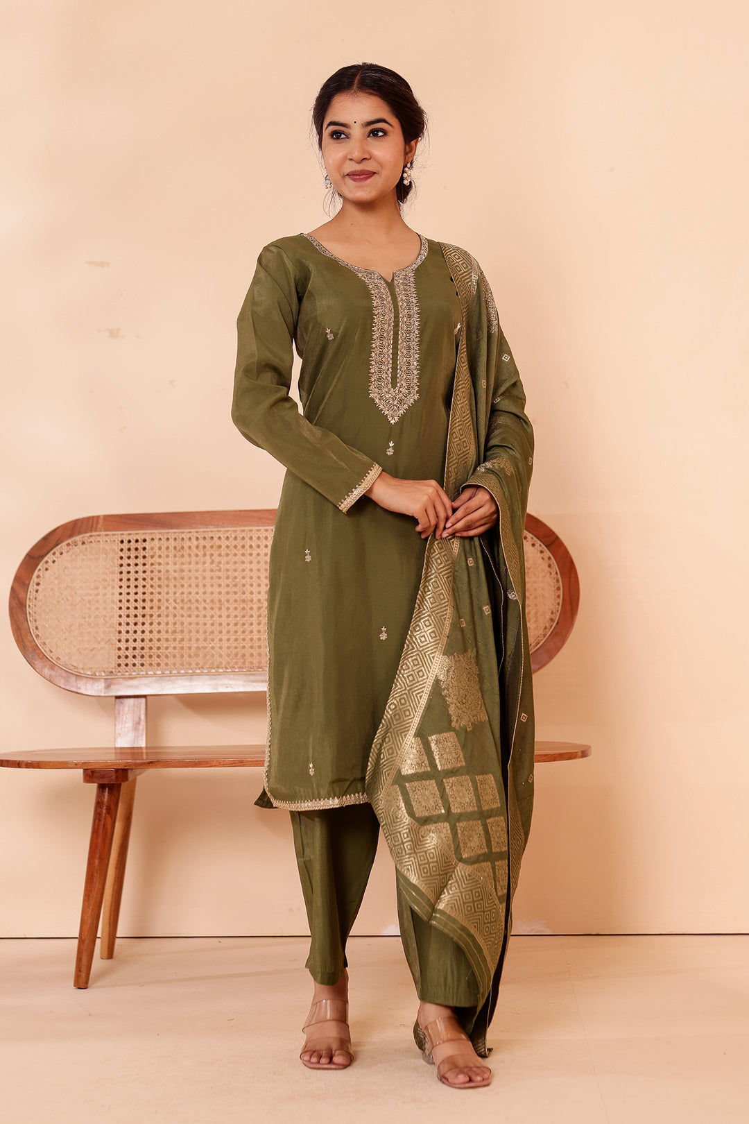 Mehndi Green Soft Shimmer Silk Straight Cut Kurta Set.
