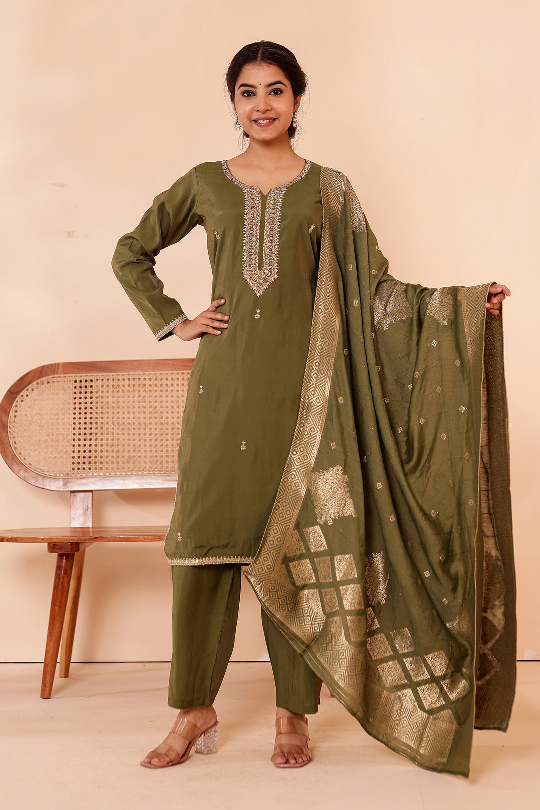 Mehndi Green Soft Shimmer Silk Straight Cut Kurta Set.