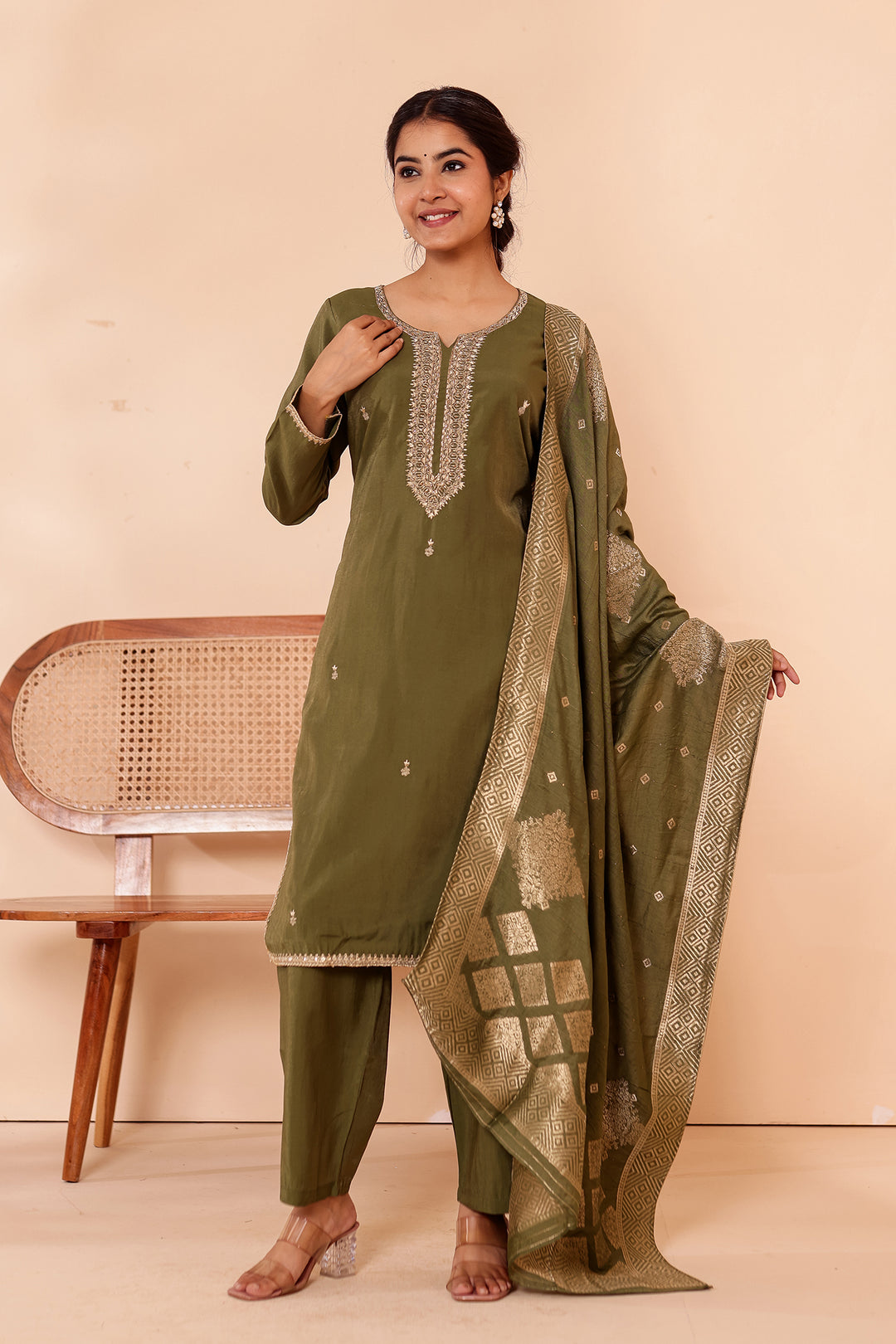 Mehndi Green Soft Shimmer Silk Straight Cut Kurta Set.