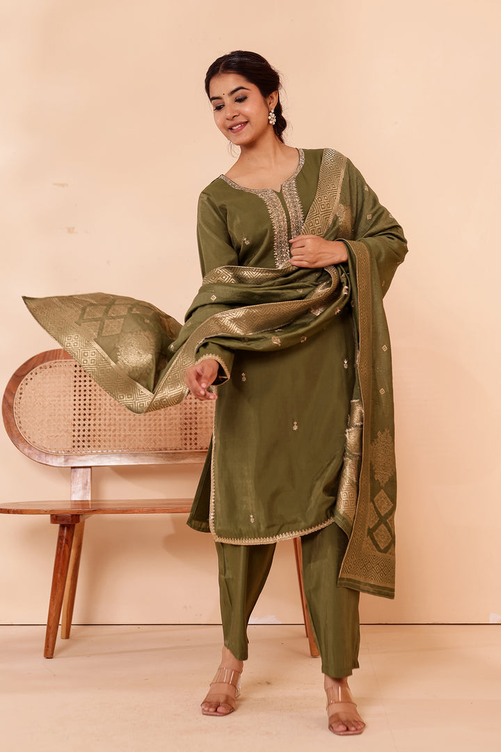 Mehndi Green Soft Shimmer Silk Straight Cut Kurta Set.