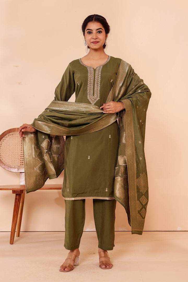 Mehndi Green Soft Shimmer Silk Straight Cut Kurta Set.