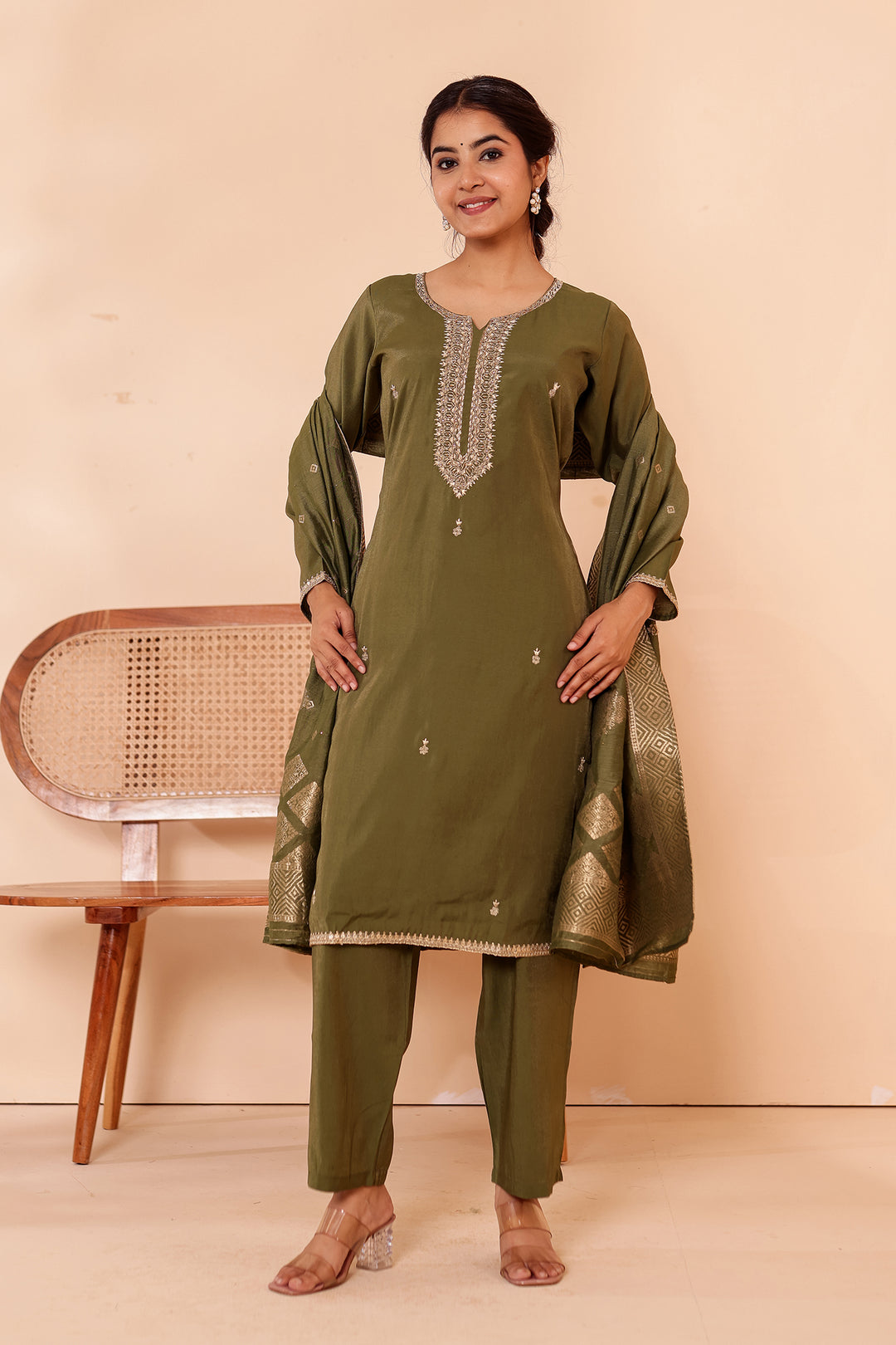 Mehndi Green Soft Shimmer Silk Straight Cut Kurta Set.