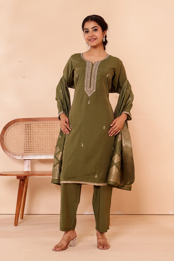 Mehndi Green Soft Shimmer Silk Straight Cut Kurta Set.
