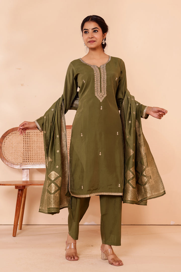 Mehndi Green Soft Shimmer Silk Straight Cut Kurta Set.