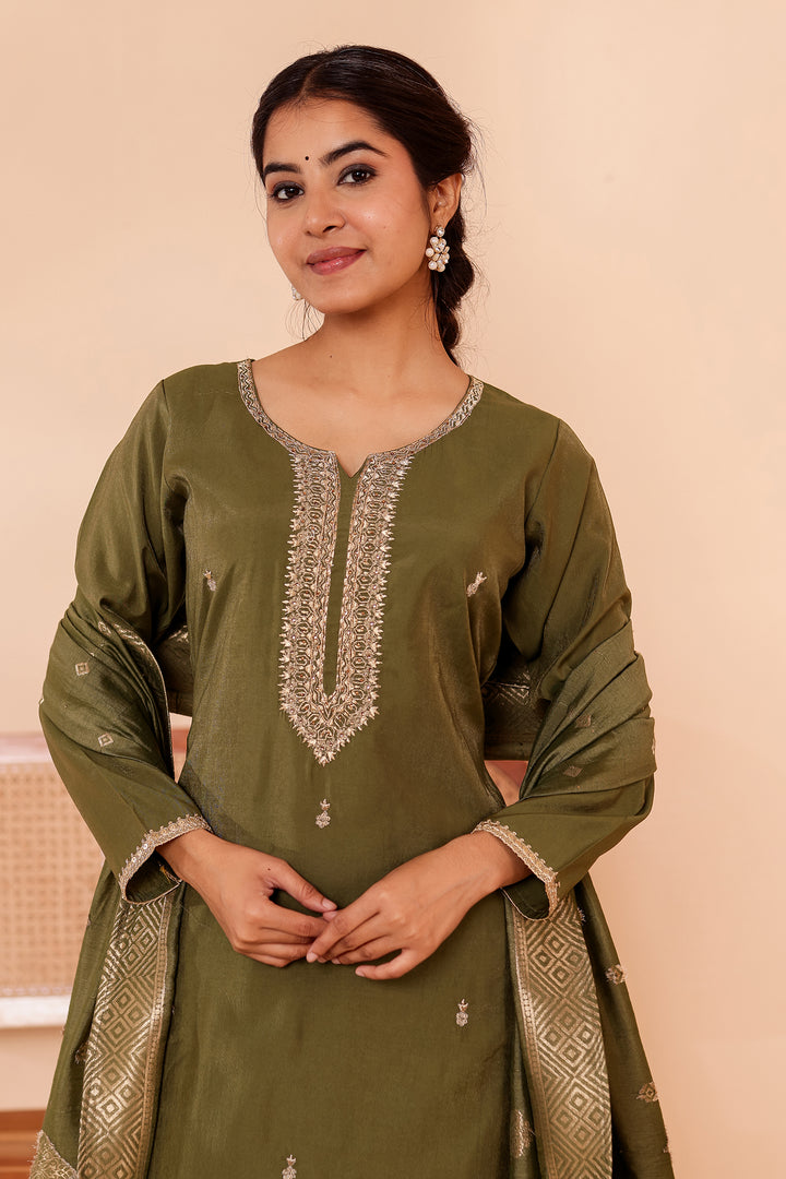 Mehndi Green Soft Shimmer Silk Straight Cut Kurta Set.