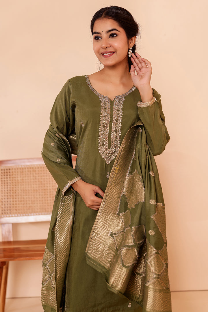 Mehndi Green Soft Shimmer Silk Straight Cut Kurta Set.