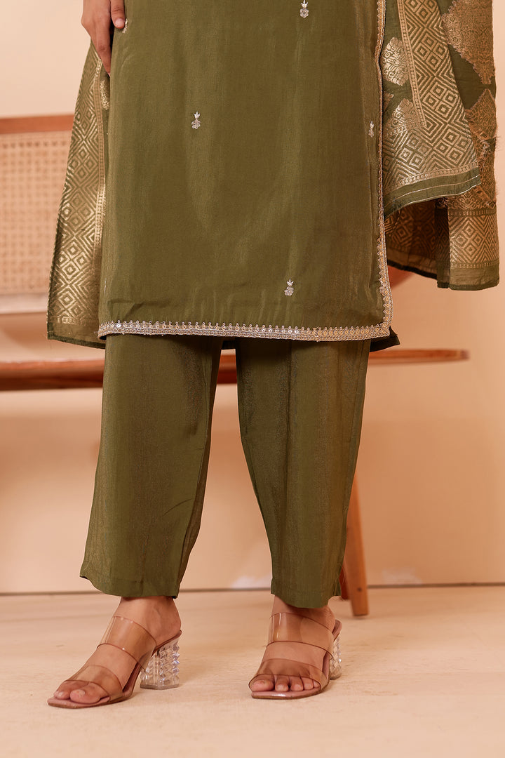 Mehndi Green Soft Shimmer Silk Straight Cut Kurta Set.