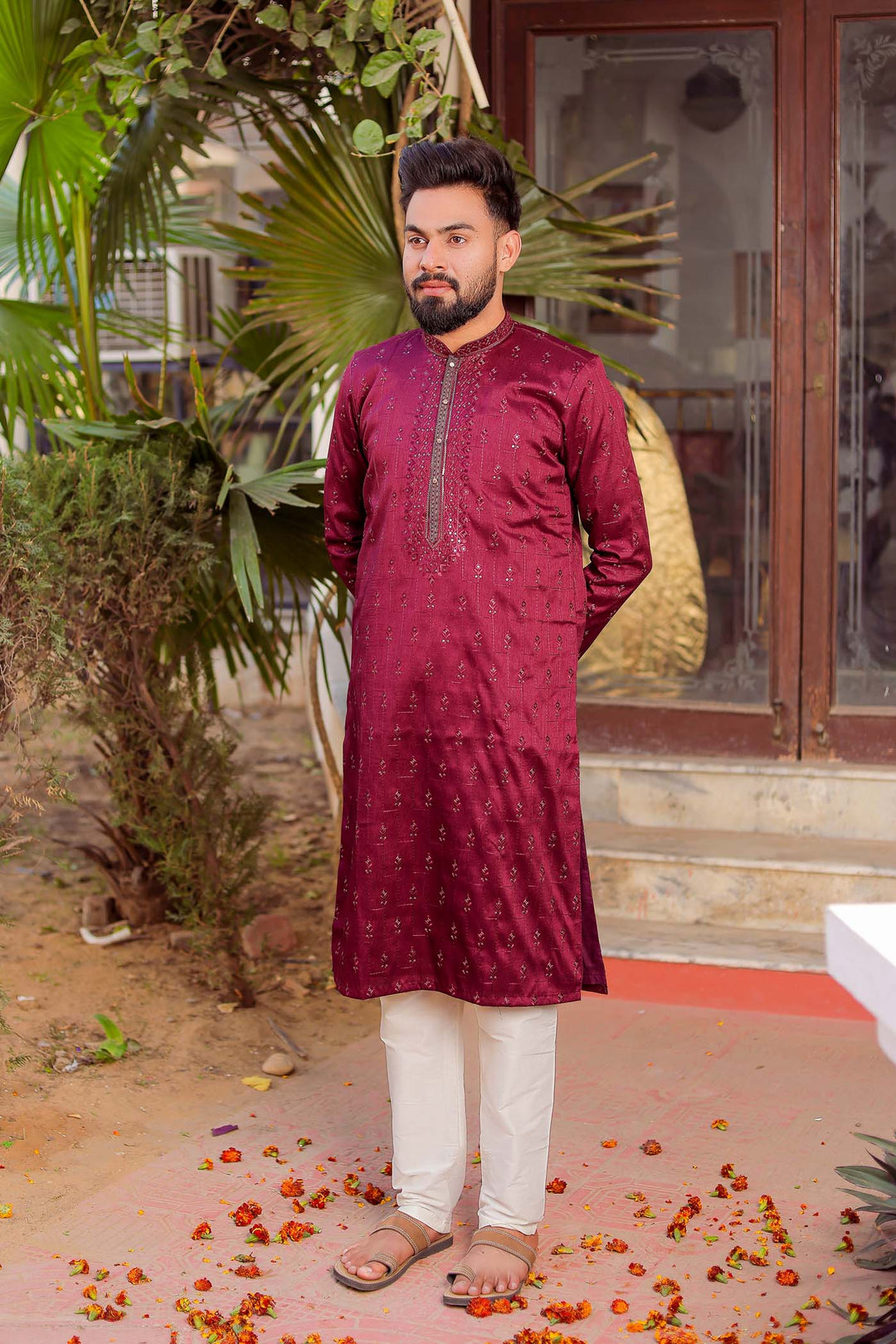 Wine Raw Silk Kurta Suit With Resham Thread And Sequin Embroidery.