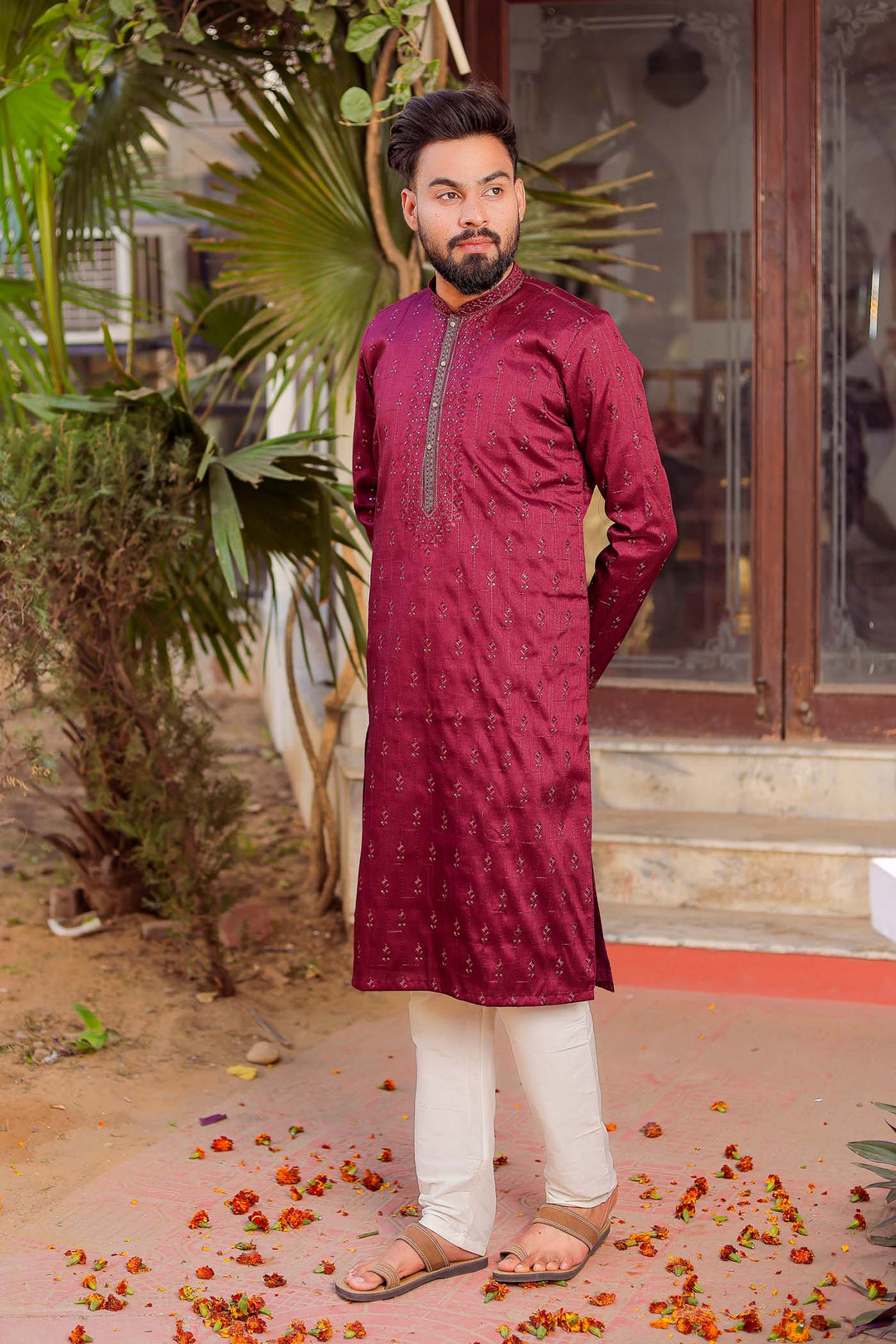 Wine Raw Silk Kurta Suit With Resham Thread And Sequin Embroidery.