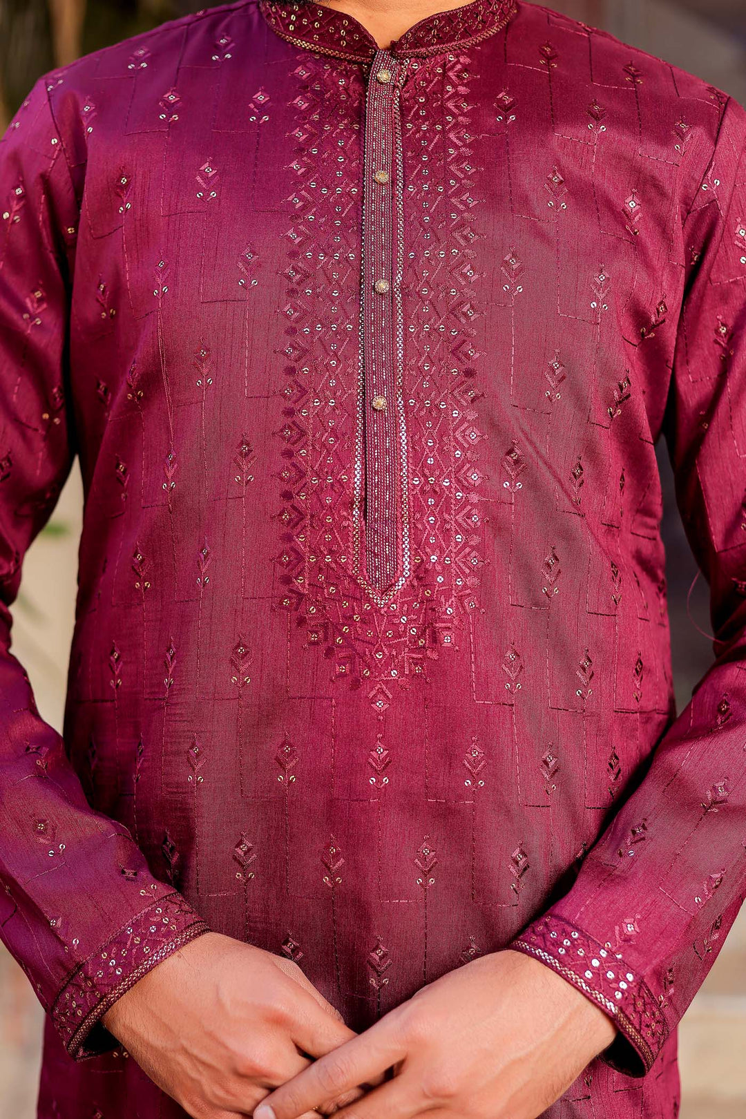 Wine Raw Silk Kurta Suit With Resham Thread And Sequin Embroidery.