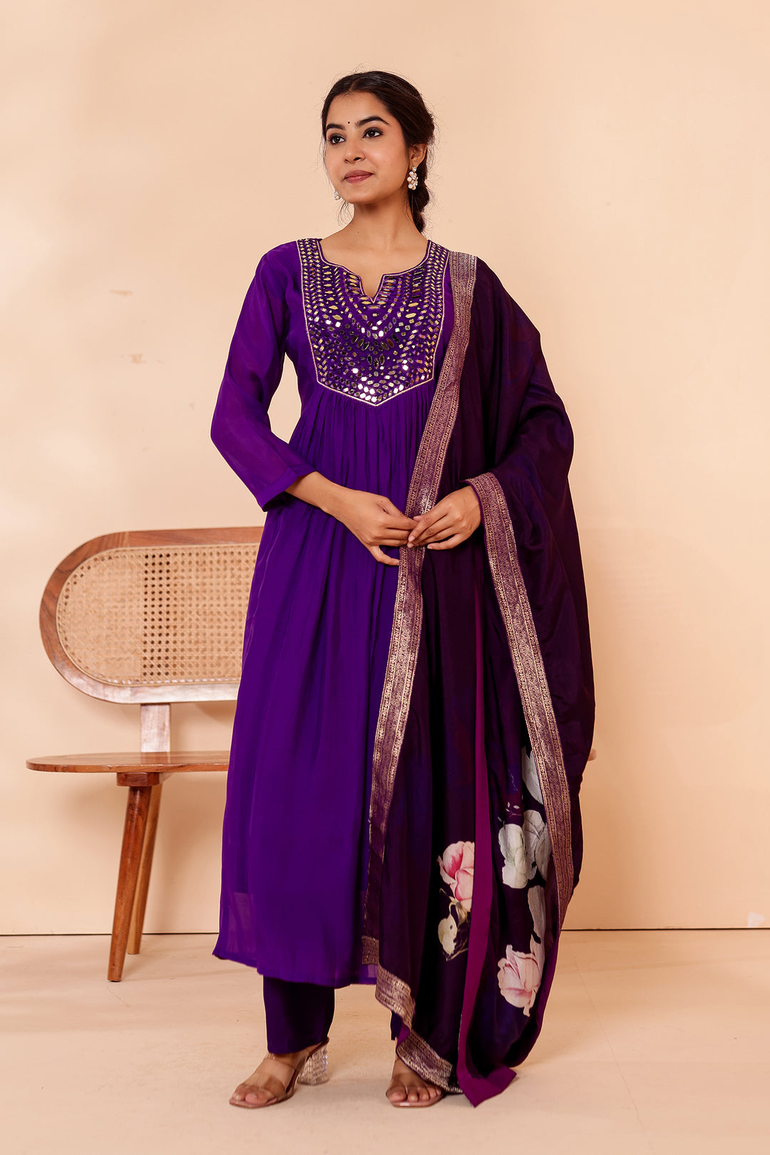 Cadbury Purple Chanderi Silk Anarkali Suit with Floral Dupatta.