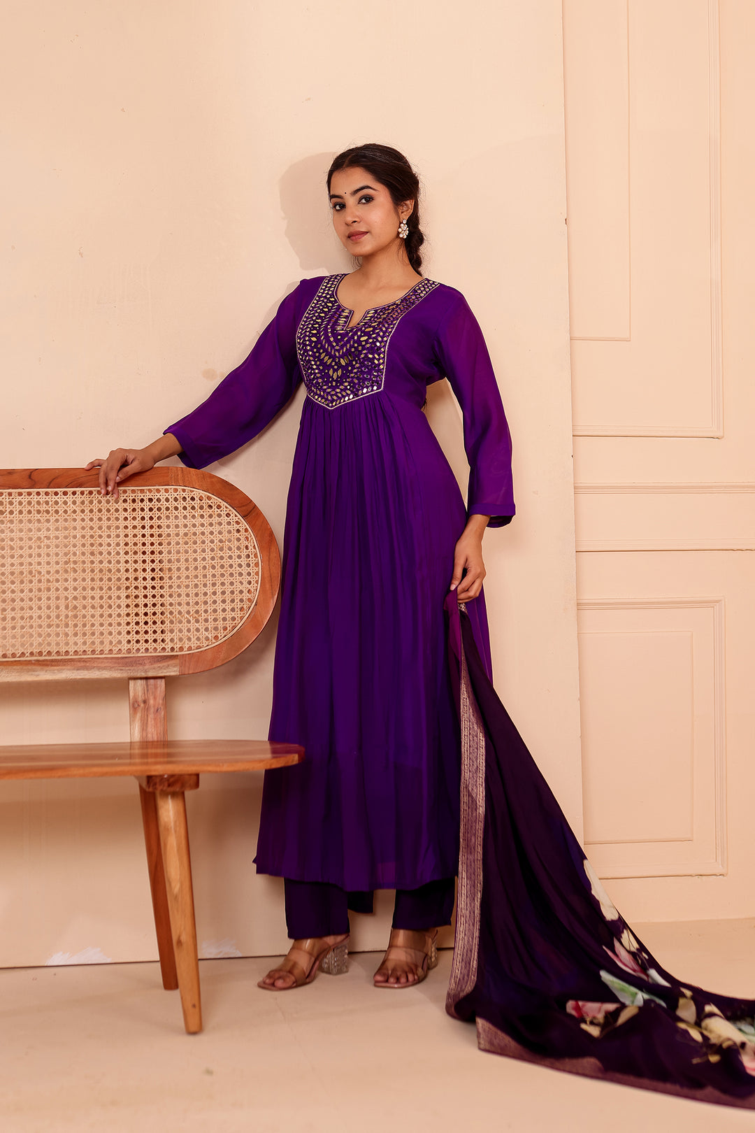 Cadbury Purple Chanderi Silk Anarkali Suit with Floral Dupatta.