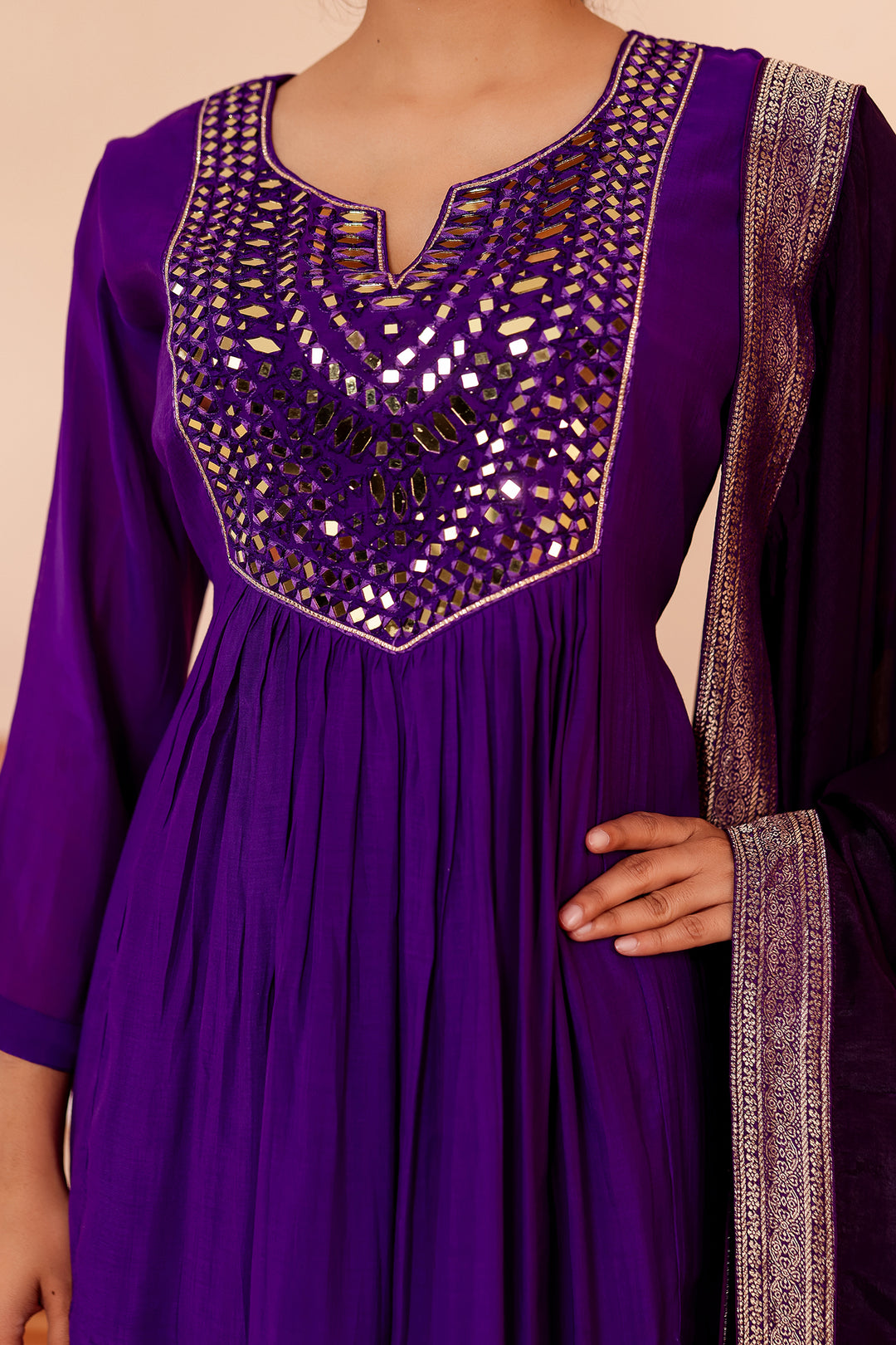 Cadbury Purple Chanderi Silk Anarkali Suit with Floral Dupatta.
