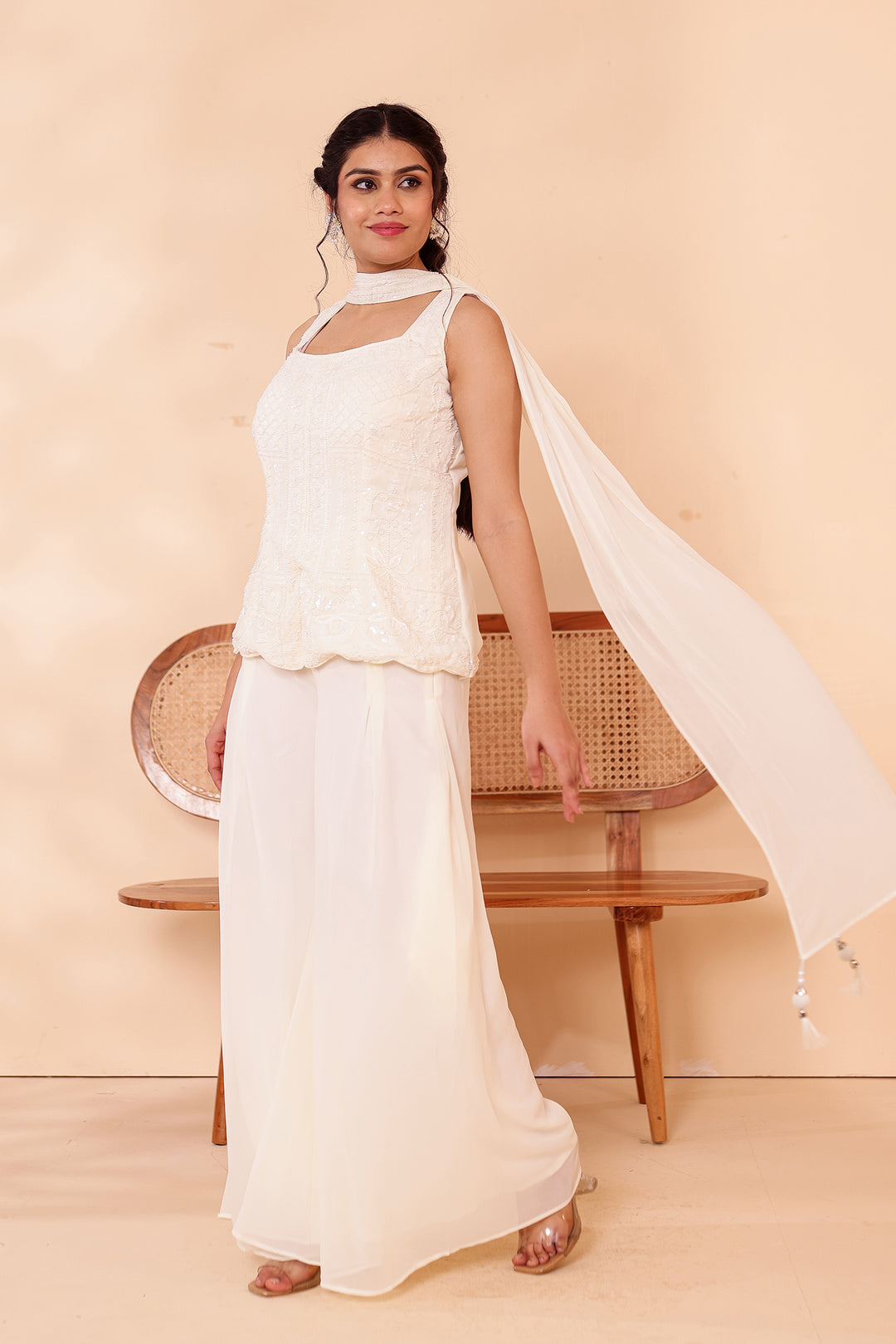 Off White Indo-western Style with Flared Palazzo Suit.