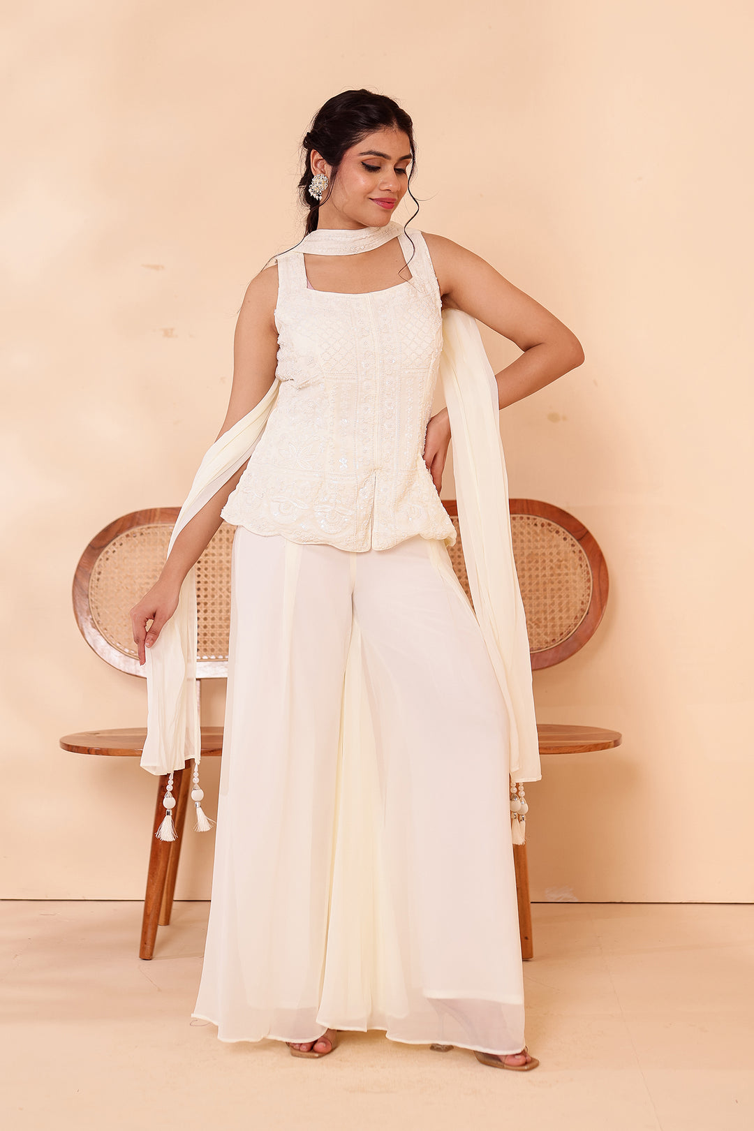Off White Indo-western Style with Flared Palazzo Suit.