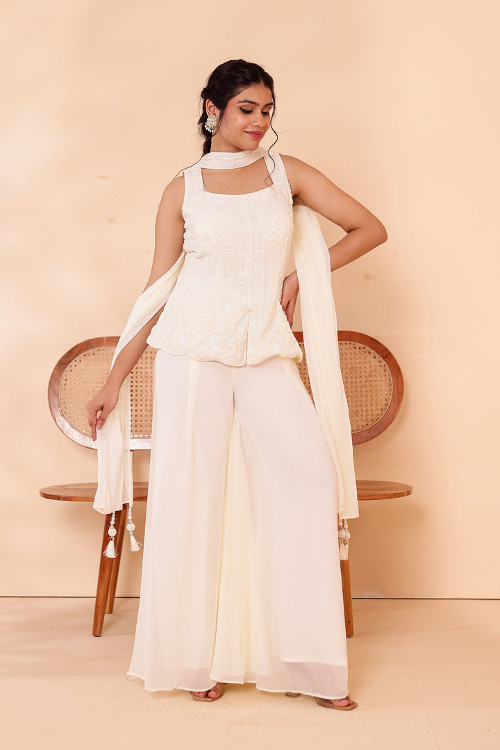 Off White Indo-western Style with Flared Palazzo Suit.