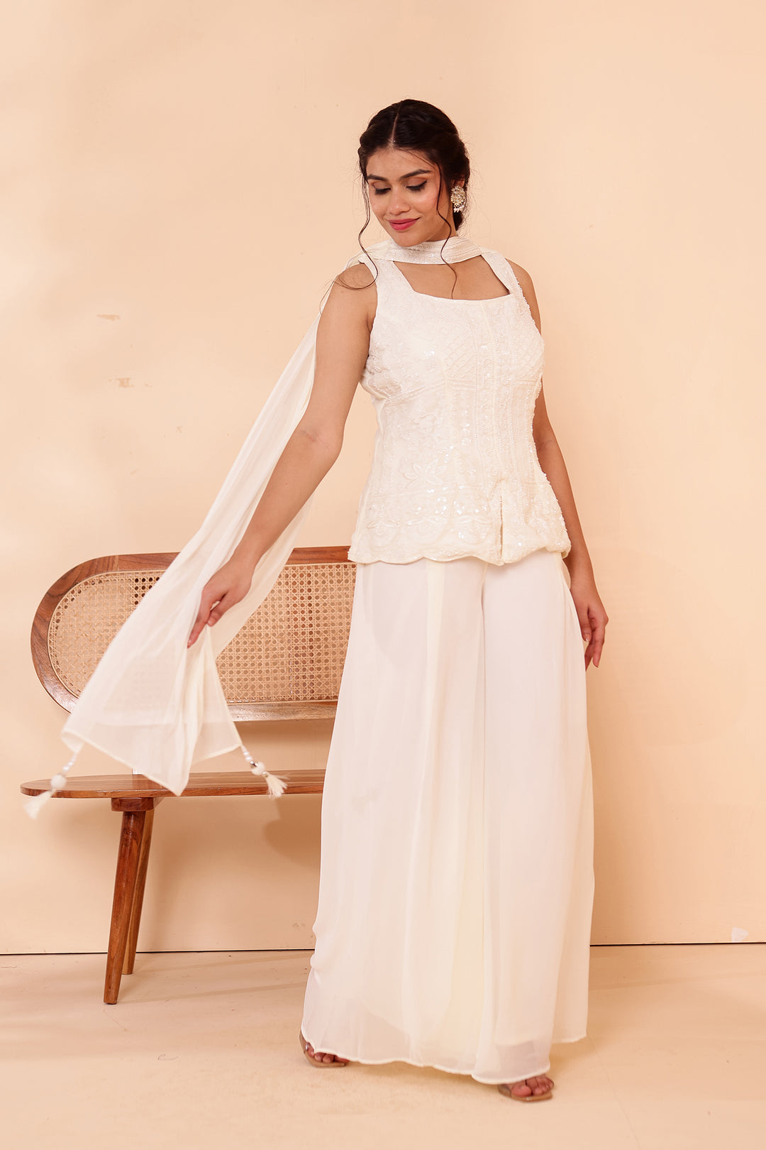 Off White Indo-western Style with Flared Palazzo Suit.