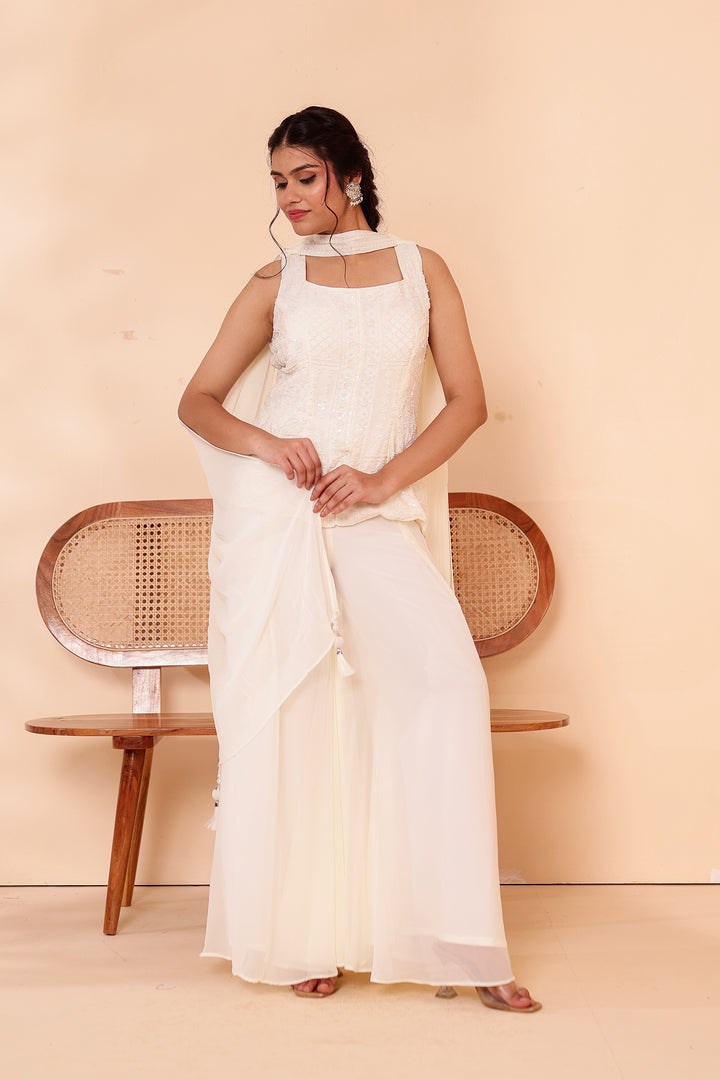 Off White Indo-western Style with Flared Palazzo Suit.