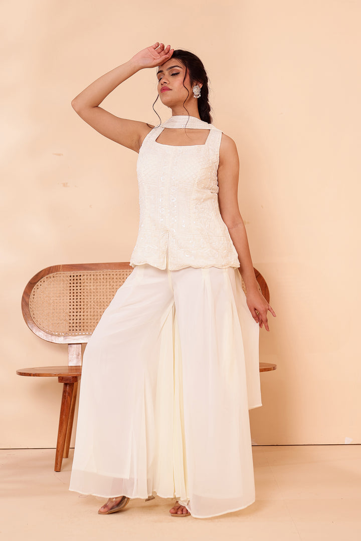 Off White Indo-western Style with Flared Palazzo Suit.