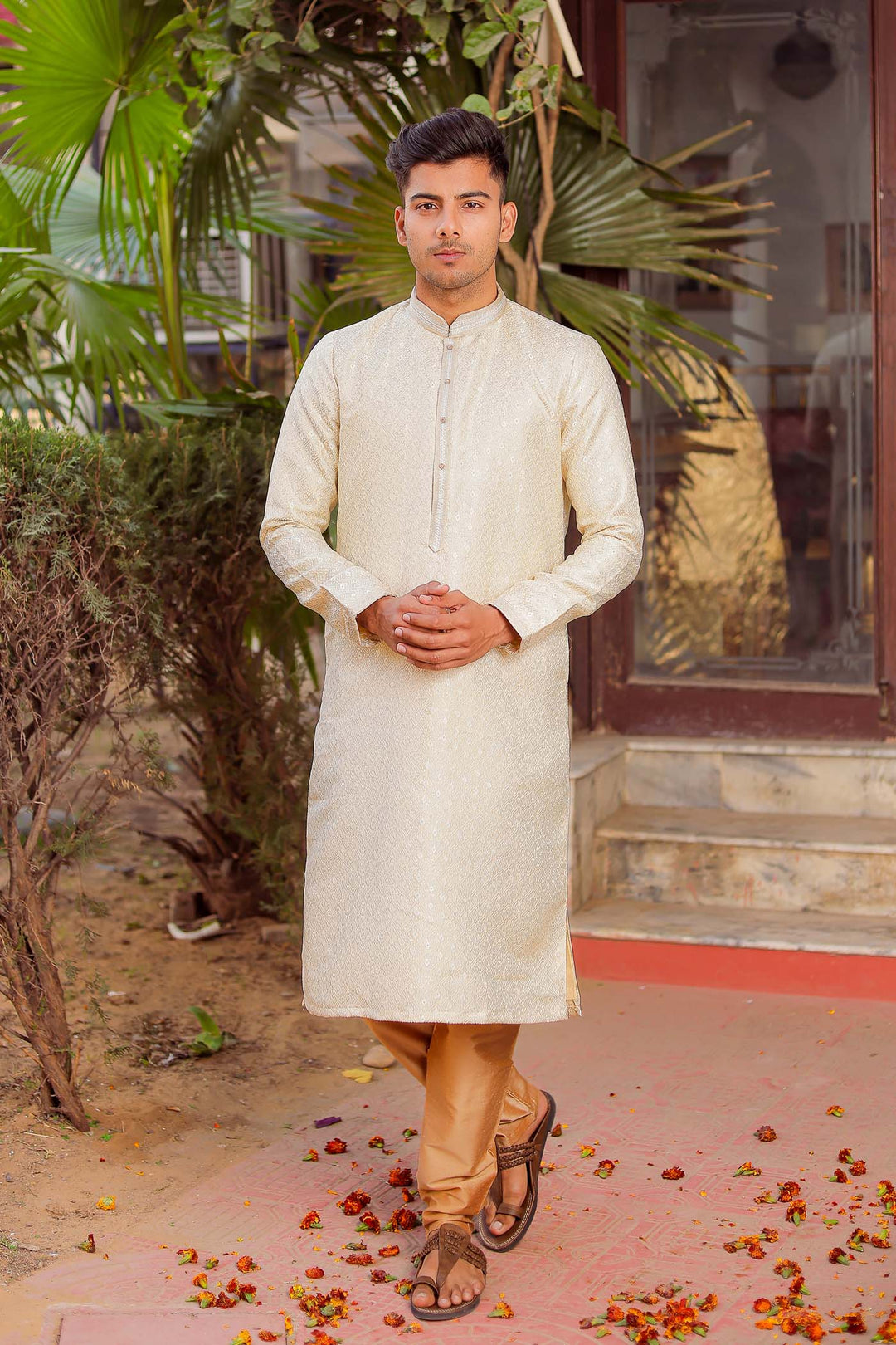 Gold Brocade Silk Kurta Suit.