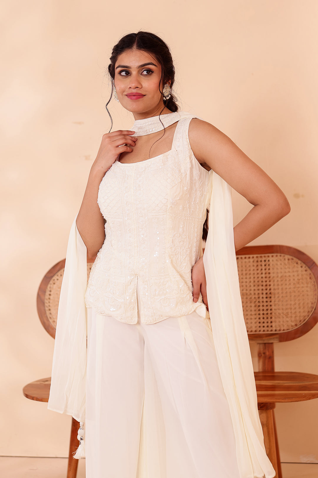 Off White Indo-western Style with Flared Palazzo Suit.