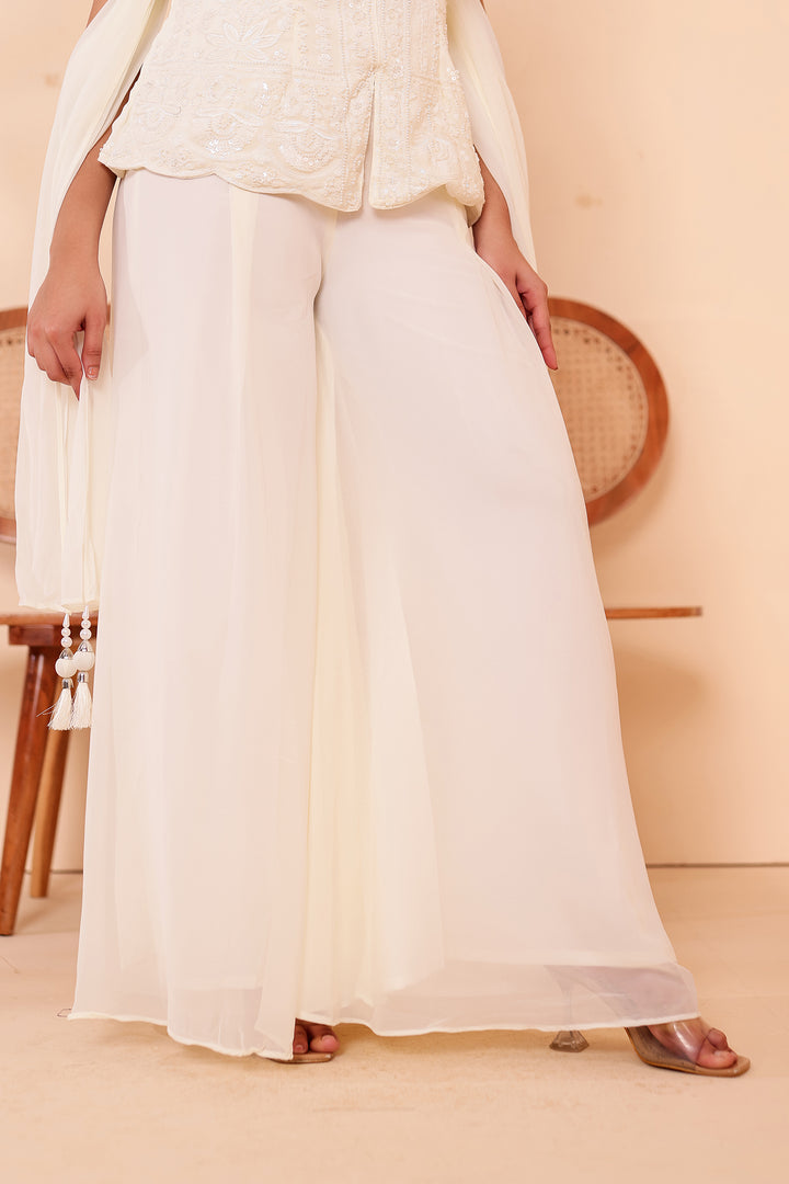 Off White Indo-western Style with Flared Palazzo Suit.