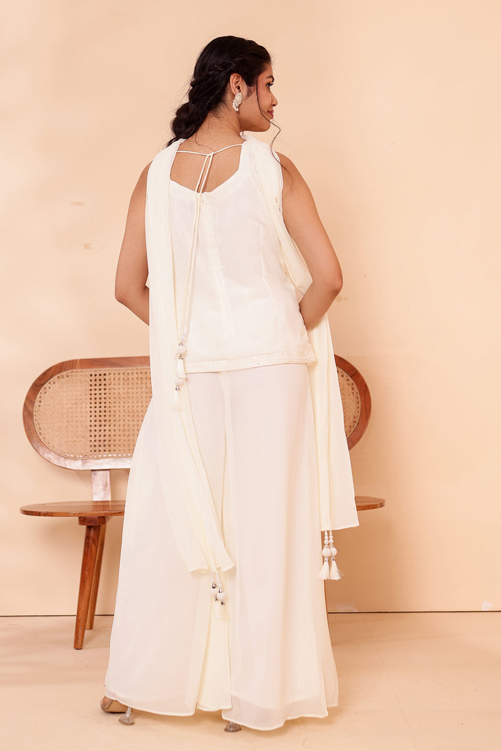 Off White Indo-western Style with Flared Palazzo Suit.
