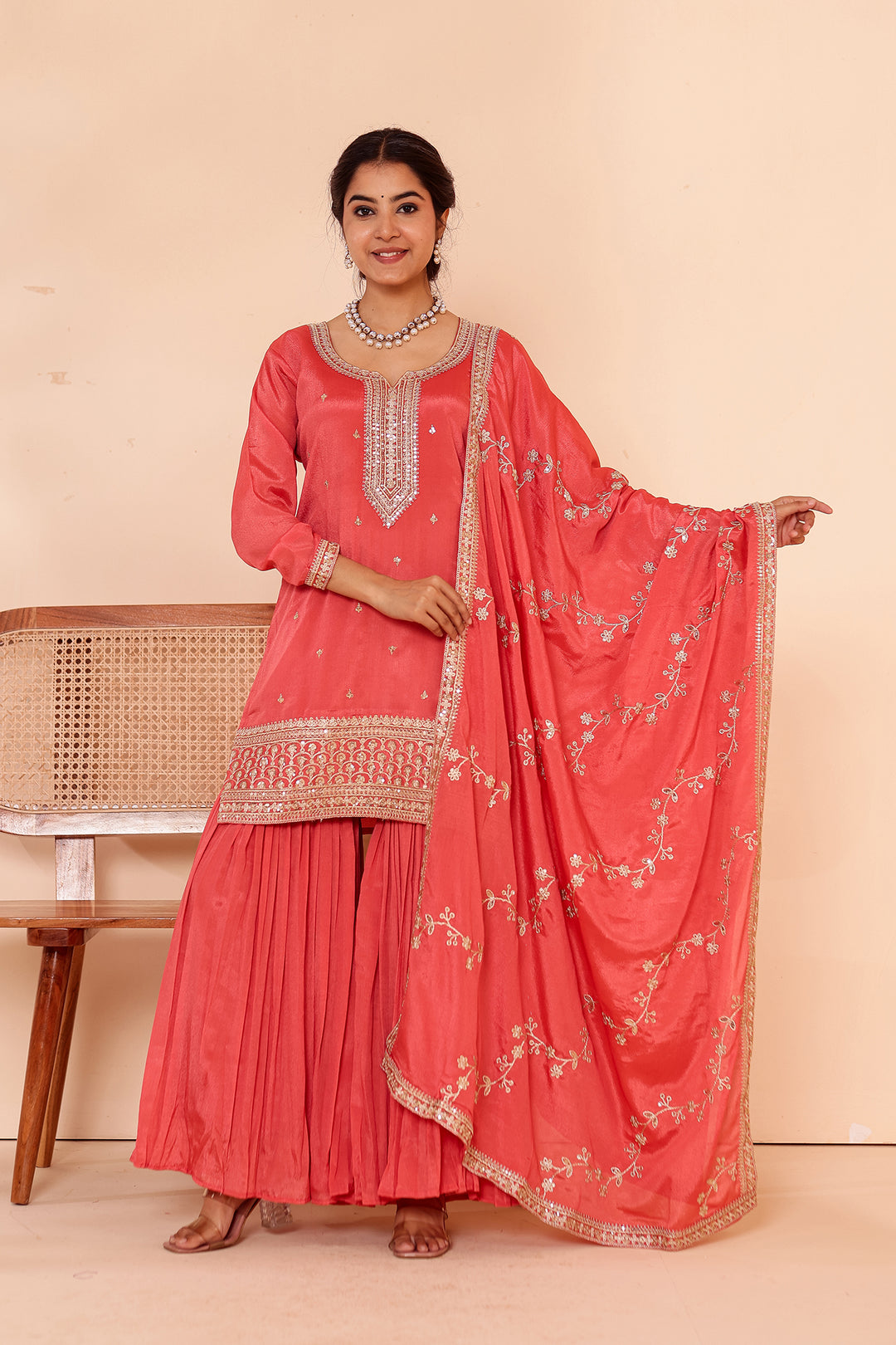 Burnt Sienna Chinon Silk Sharara Suit.