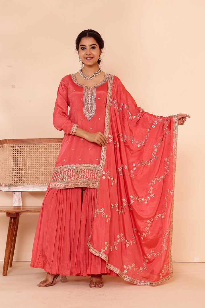Burnt Sienna Chinon Silk Sharara Suit.
