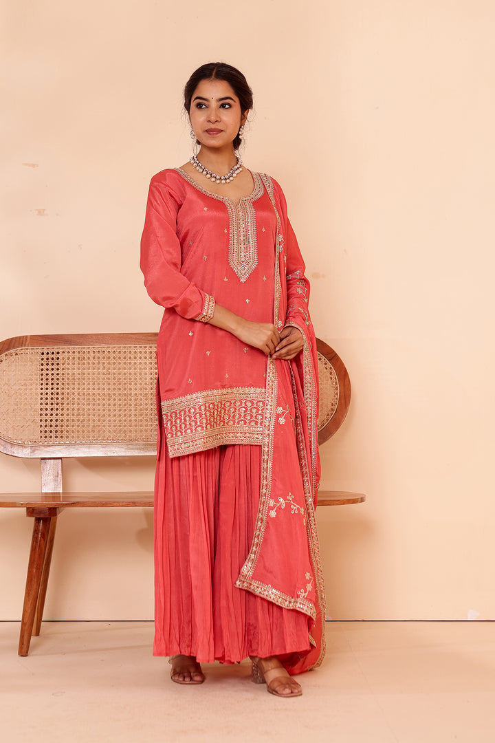 Burnt Sienna Chinon Silk Sharara Suit.