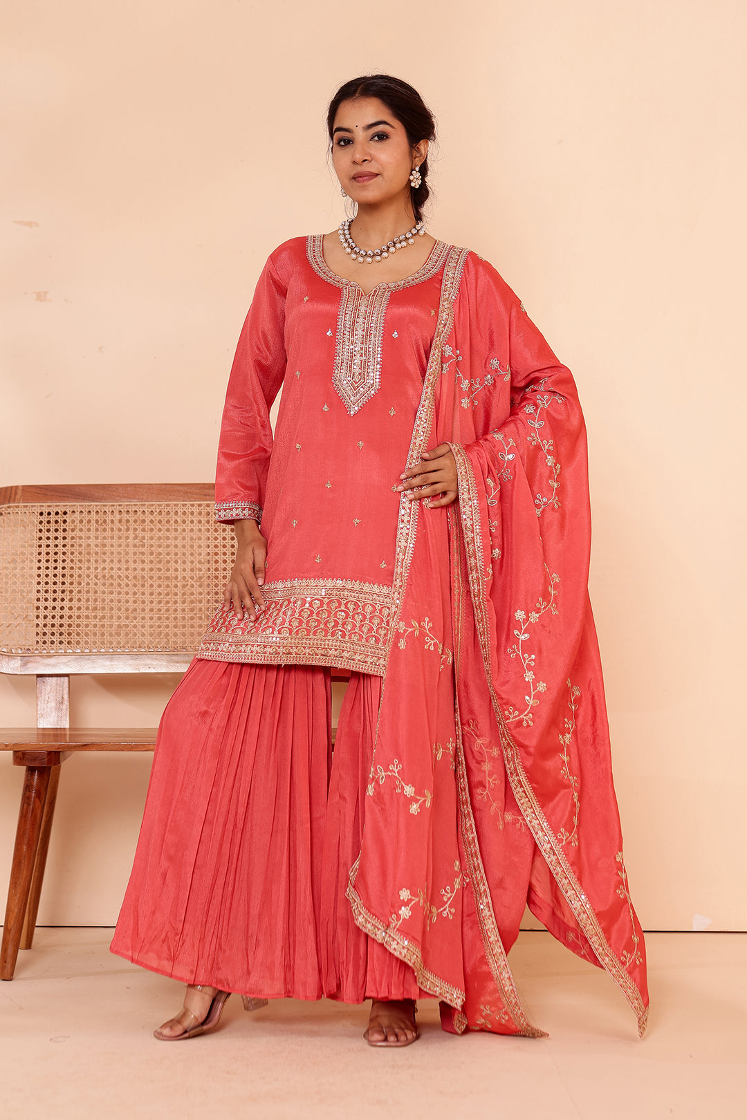 Burnt Sienna Chinon Silk Sharara Suit.