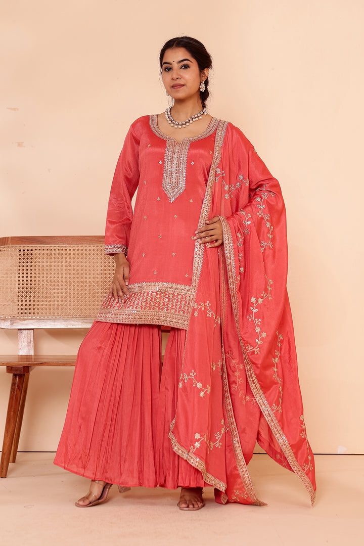 Burnt Sienna Chinon Silk Sharara Suit.