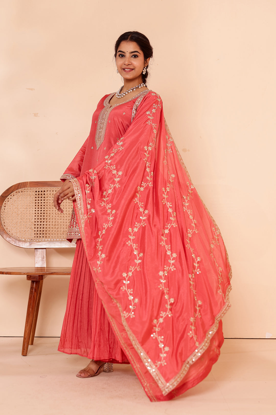 Burnt Sienna Chinon Silk Sharara Suit.
