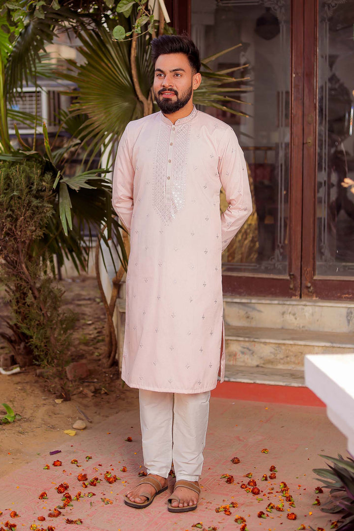 Light Pink Rayon Silk Kurta Suit With Sequin Embroidery.