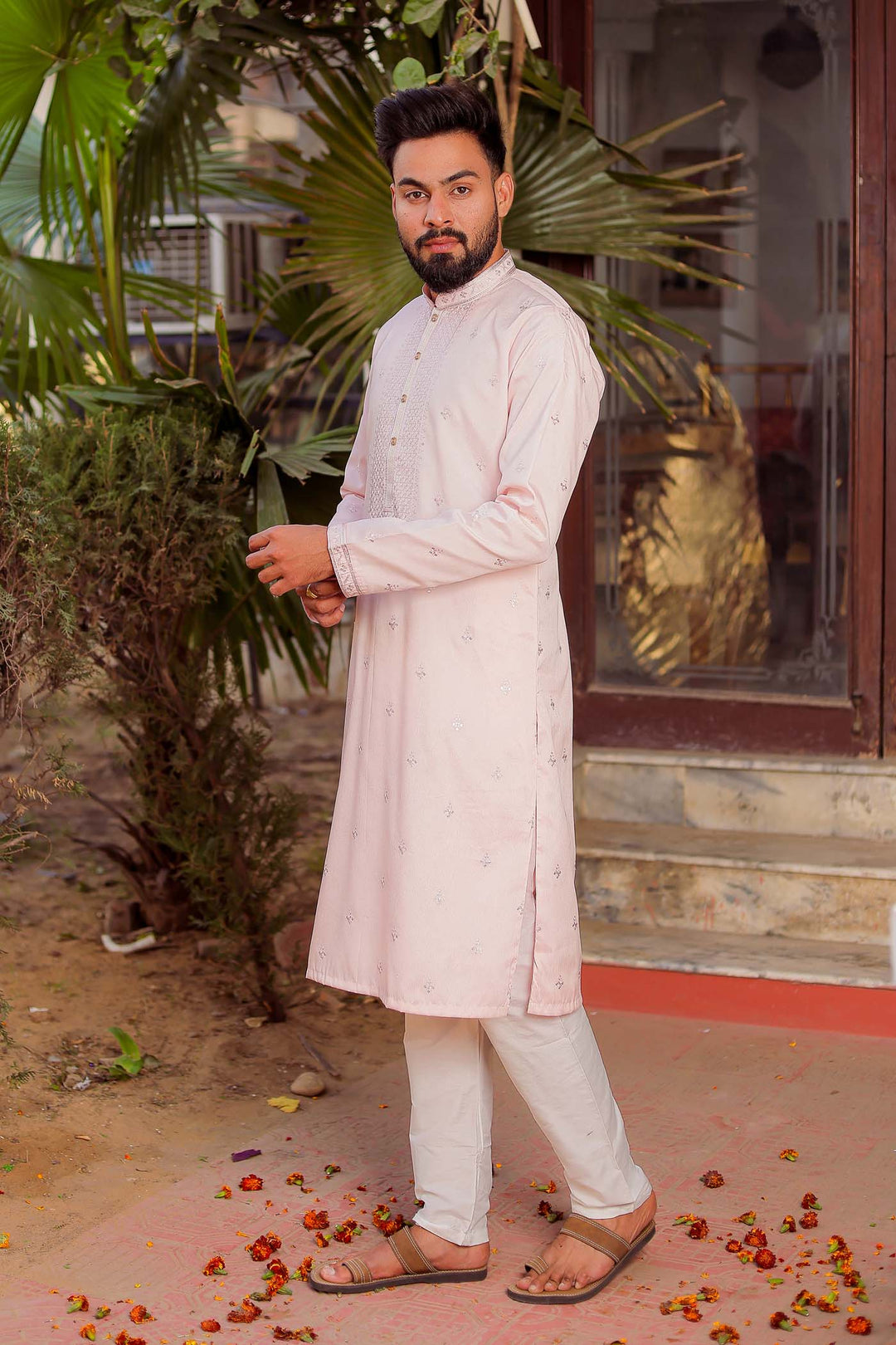 Light Pink Rayon Silk Kurta Suit With Sequin Embroidery.